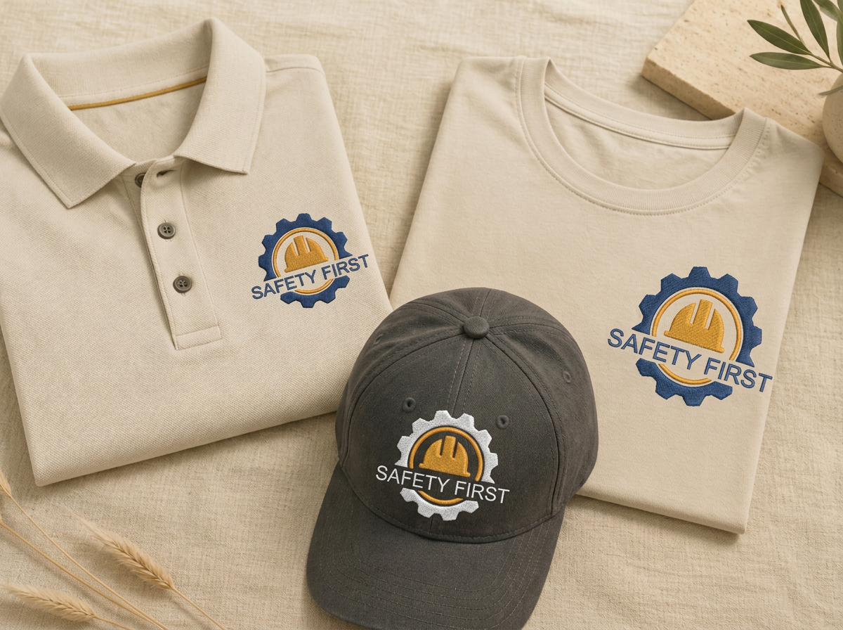 Custom-printed corporate apparel range — tees, polos and hats