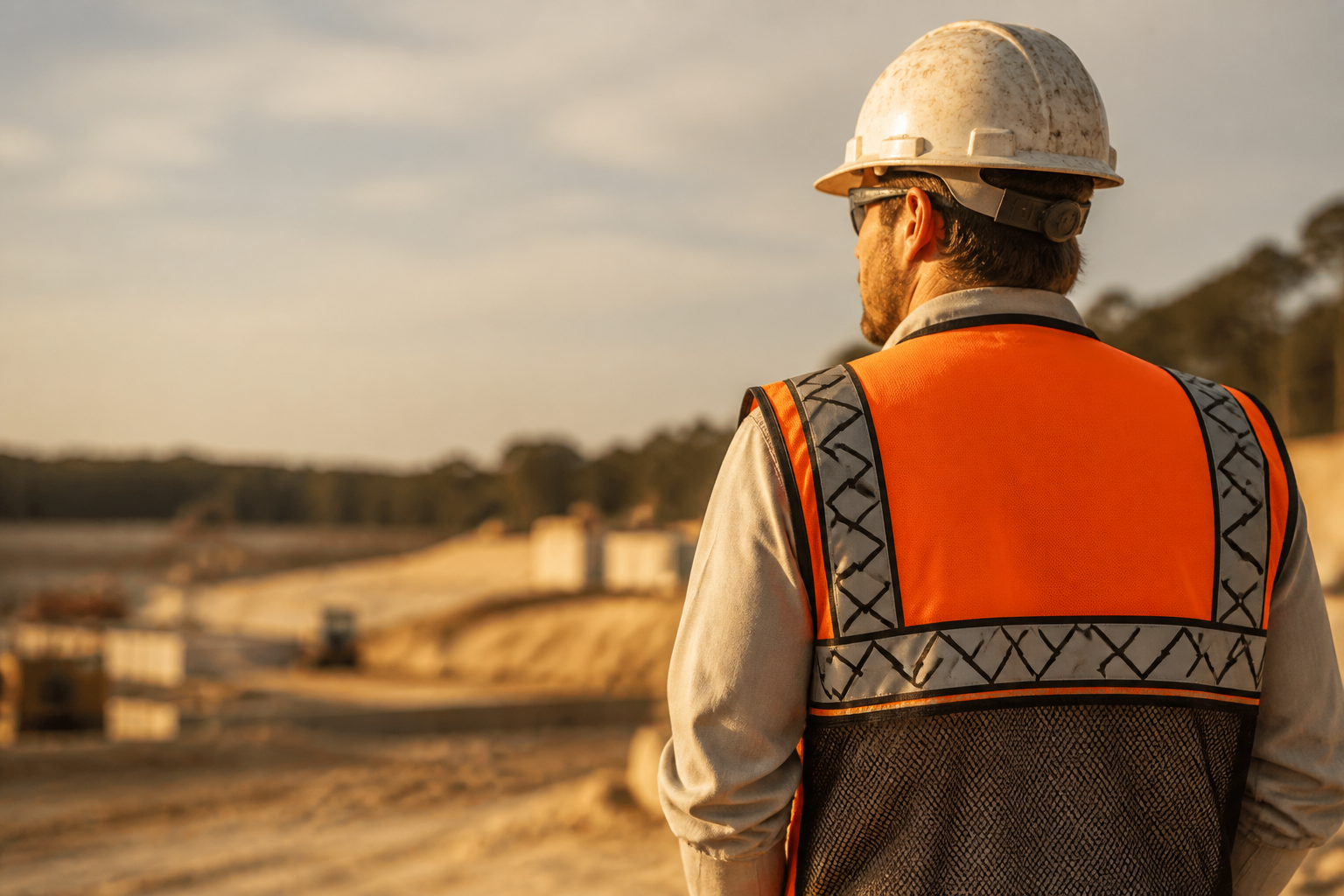 A worker wearing an SPI-branded two-tone safety vest with the all-black SPI logo on the back